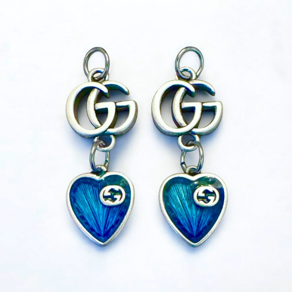 💕VINTAGE GUCCI 2-Piece Interlocking Gs & Bright Blue Heart Silver-Tone Hardware - Picture 12 of 13